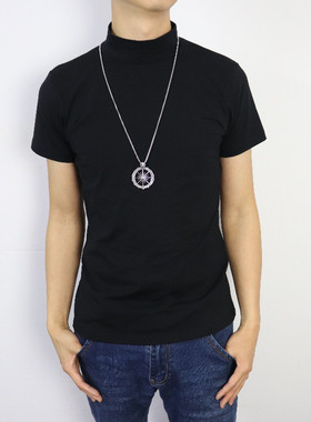 纯棉半高领短袖t恤男夏季修身纯中领半袖紧身纯色打底衫黑色体恤