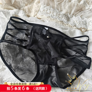 中腰大版妈妈性感纯黑色透明内裤交叉带网纱透气舒适包臀三角裤女