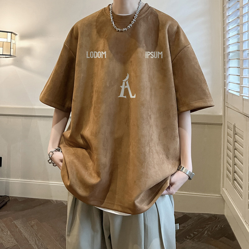 美式潮牌高街重磅麂皮绒短袖t恤男生嘻哈字母印花宽松休闲体恤衫