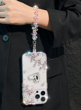 For Iphone 12 13 14 15 16 Pro Max Plus Crystal Diamond Heart Butterfly Chain Strap Phone Case Cover