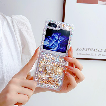 Rhinestone Leopard Phone Case For Samsung Galaxy Z Flip 7 6 5 4 Heart Crystal Diamond Letter Cover