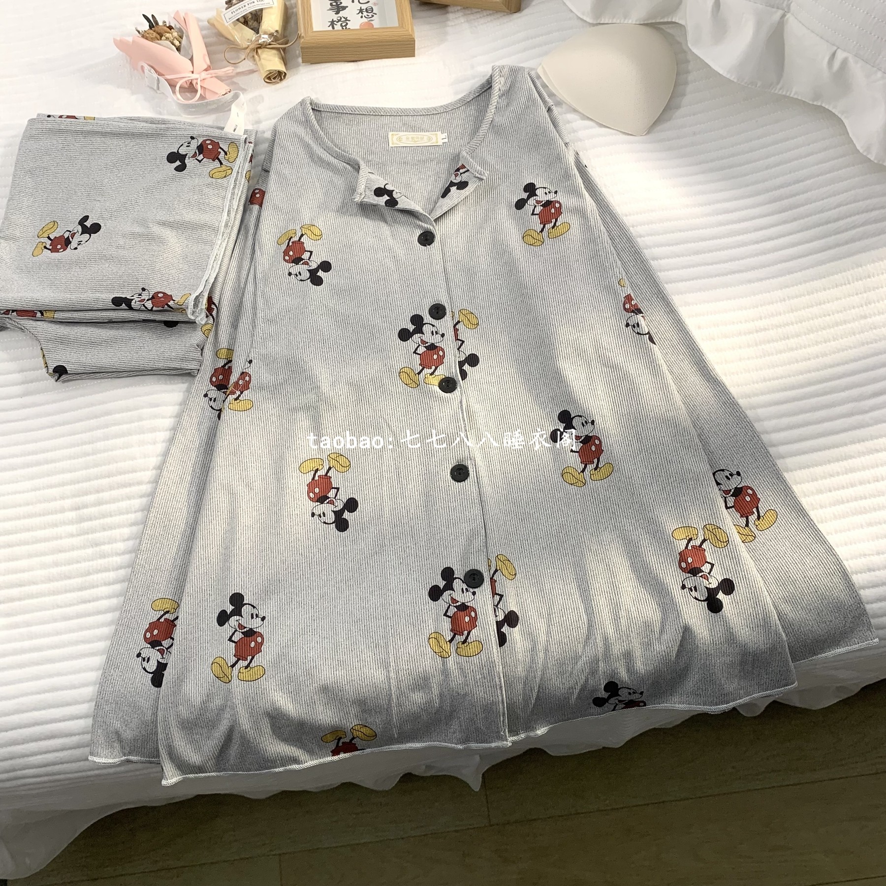 莫代尔棉月子服带胸垫大码灰色米奇产后哺乳孕妇睡衣8月份9夏薄款