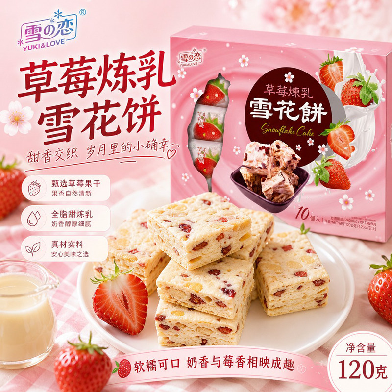 台湾进口雪之恋草莓炼乳雪花饼120g雪花酥饼干牛轧糖点心零食茶点