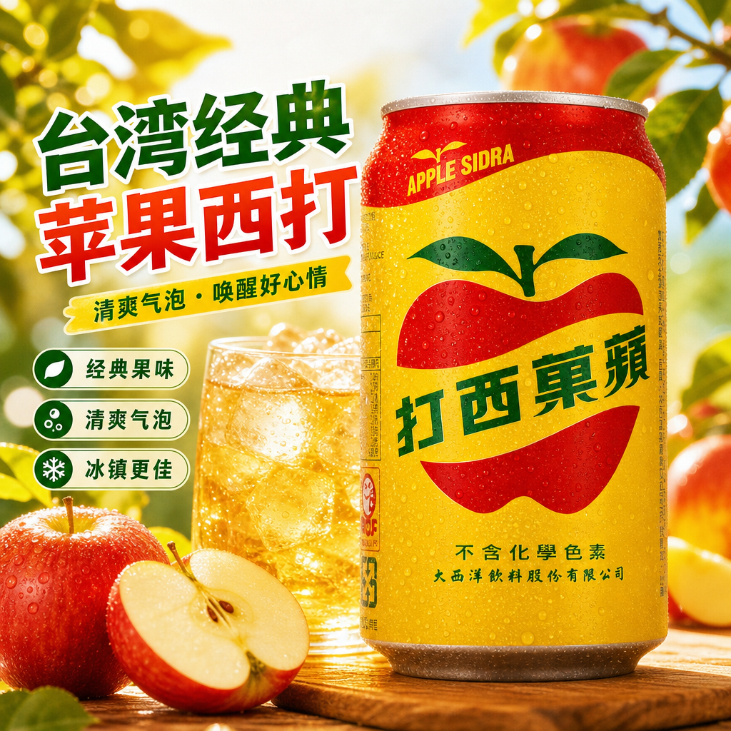 买1发6 台湾原装进口饮料大西洋苹果西打330mlx6瓶苹果汁汽水