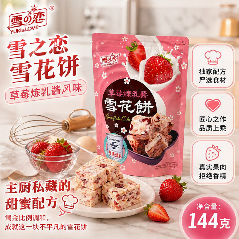 台湾雪之恋草莓炼乳味雪花饼奶香浓郁拉丝软糯下午茶休闲零食144g