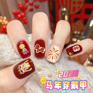 新年红指甲2026马年穿戴甲红色醒狮过年美甲中大童成人高级感显白