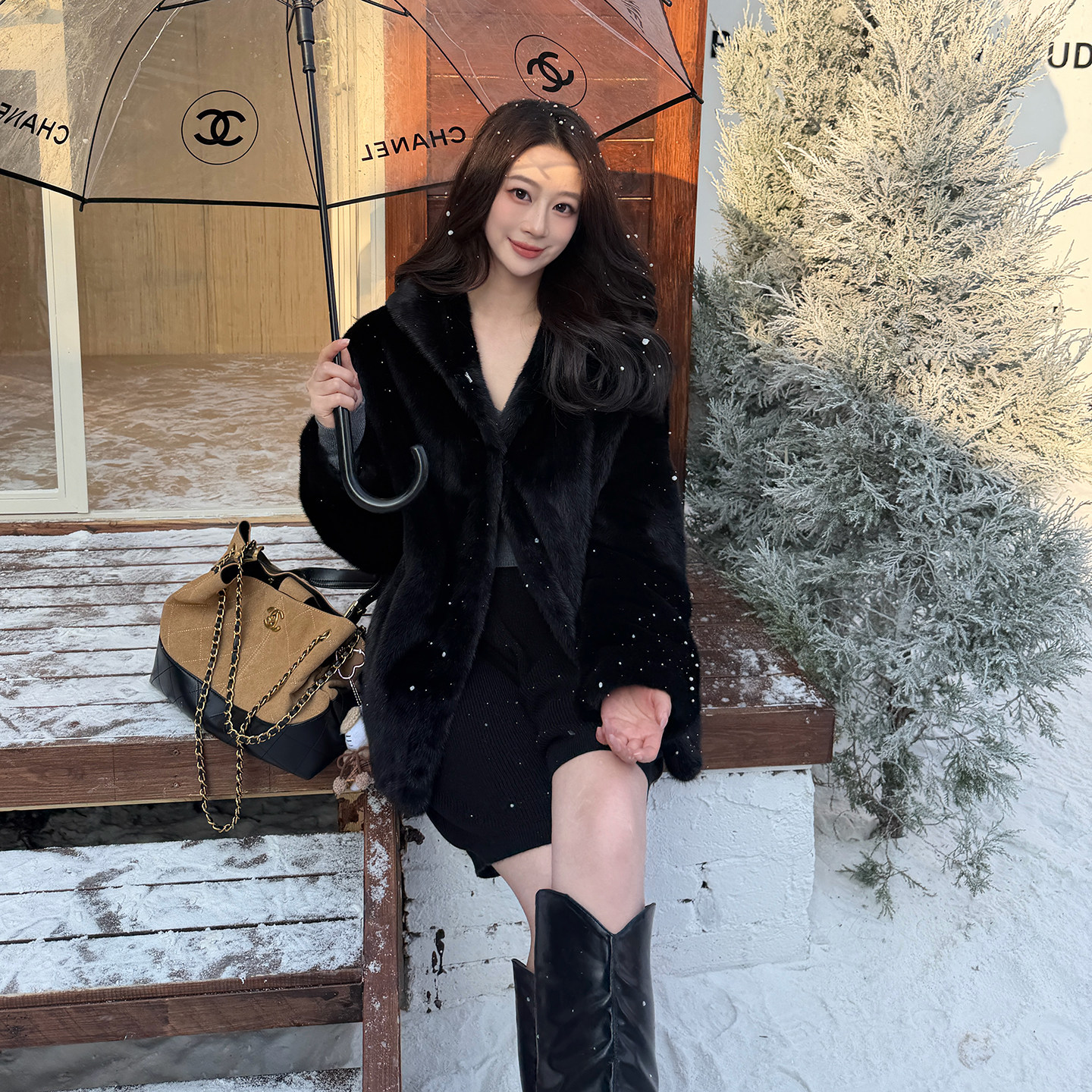 经典款 秋冬新款进口紫标中长款氛围感连帽水貂皮草外套女