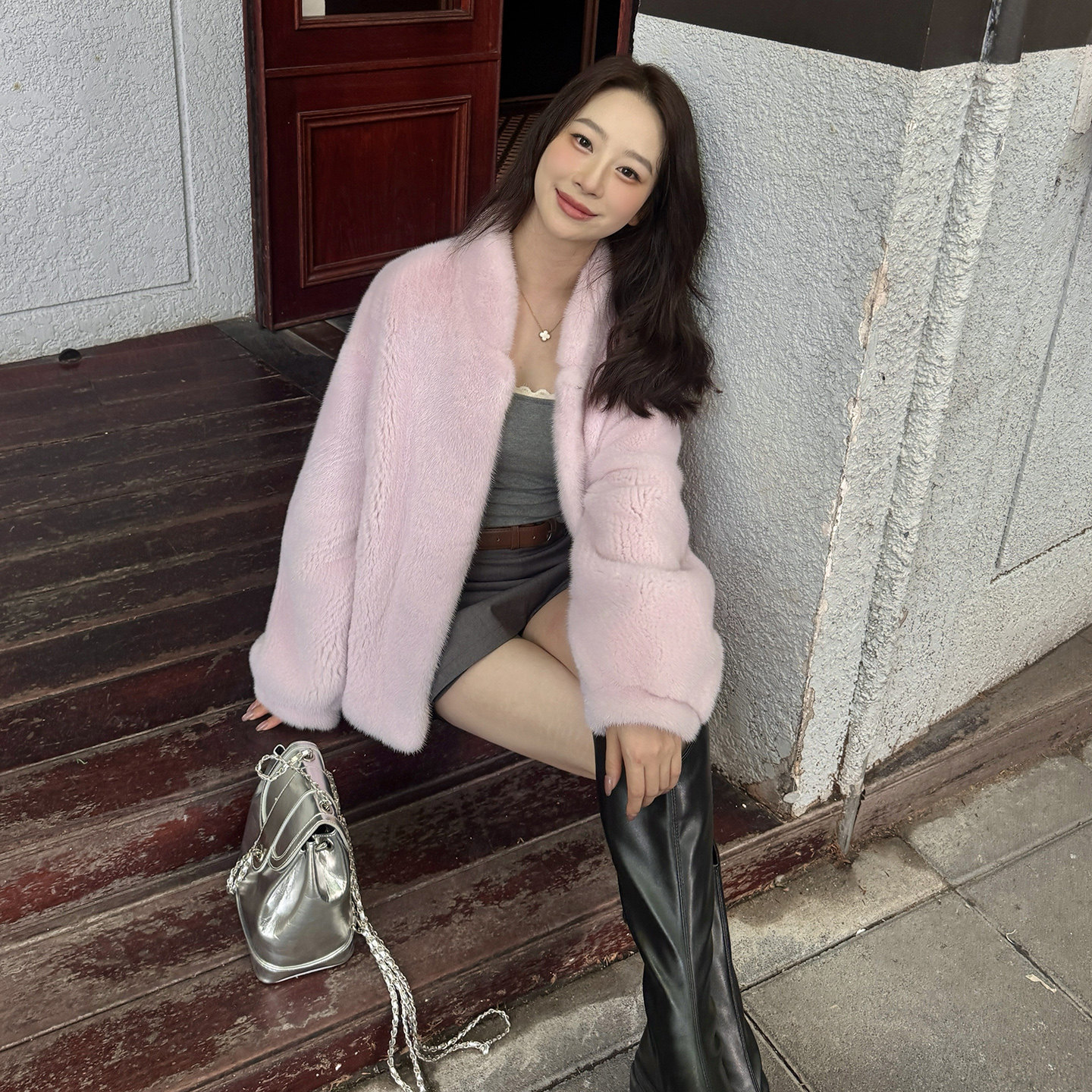 网红款立领水貂皮草外套女 2025秋冬新款进口紫金中长款短外套