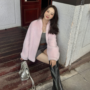 网红款立领水貂皮草外套女 秋冬新款进口紫金中长款短外套