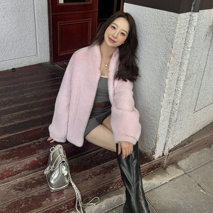 网红款立领水貂皮草外套女 2025秋冬新款进口紫金中长款短外套