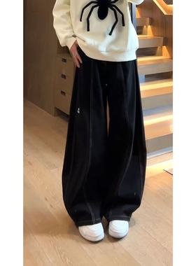 美式复古廓形弯刀牛仔裤男女2026年春秋季黑色阔腿直筒裤香蕉裤子