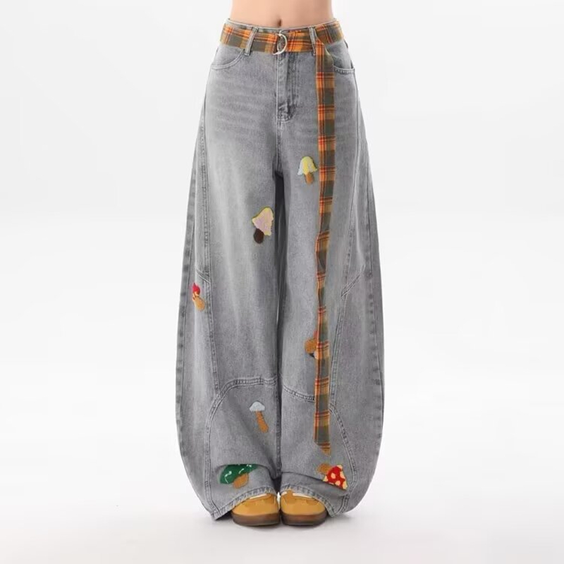 美式复古水洗卡通牛仔裤女春秋季新款宽松慵懒感显瘦直筒阔腿裤子