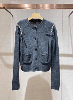 2024年冬季新款圆领镶钻蝴蝶结单排扣长袖针织开衫上衣女Q163401E