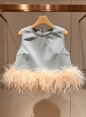 2025年春季新款简约百搭圆领拼接羽毛牛仔无袖背心女上衣R105001B