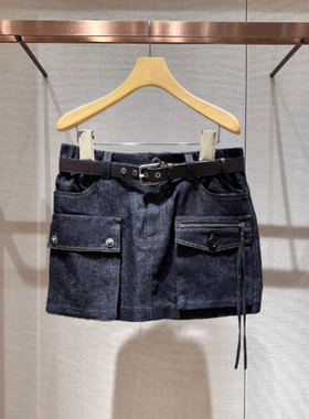 2026春季新款复古做旧高腰腰带拼接口袋短款牛仔半身裙女XSJ1Q16C