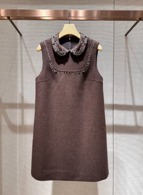 2025冬季新款复古优雅娃娃领拼接钉珠镶钻无袖A字连衣裙XRJ6L11D