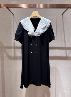 2025夏季新款简约蕾丝大方领拼接双排扣直筒短袖连衣裙女R126401D