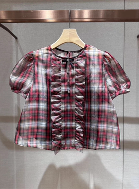 2025夏季新款圆领拼接荷叶边格子两件套泡泡袖衬衫女上衣R125401B