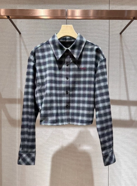 2025冬季新款复古休闲翻领撞色黑白格子拼接单排扣衬衫女XRJ7C02B