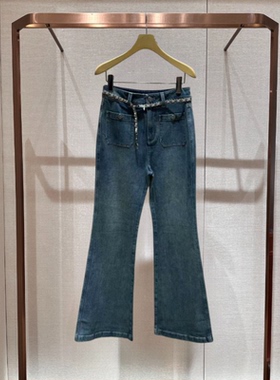 2025年春季新款蓝色小香风链条口袋显瘦高腰微喇牛仔裤女R103105C