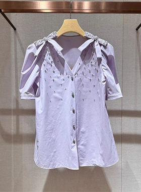 2024年秋季新款紫色V领钉钻短袖衬衫蝴蝶结泡泡袖衬衣女Q144303E