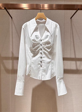 2024年秋季新款白色通勤百搭尖领深V褶皱长袖衬衫衬衣女Q140702D