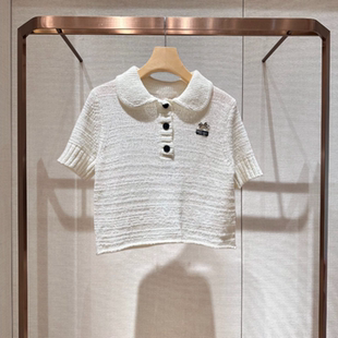 2026春季新款娃娃领套头拼接蝴蝶结镂空短袖针织衫女上衣XSJ1M03D