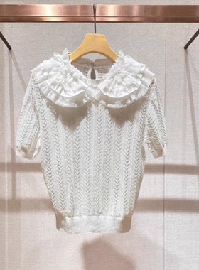 2024年夏季新款白色百搭休闲娃娃领镂空短袖针织衫上衣女Q125401E