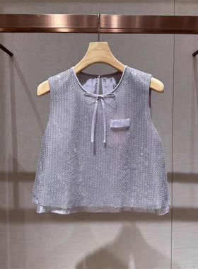 2025夏季新款简约圆领拼接蝴蝶结亮片镂空无袖背心女上衣R121301C