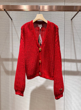 2025年春季新款简约V领镂空粗毛线单排扣针织开衫上衣女R102702B