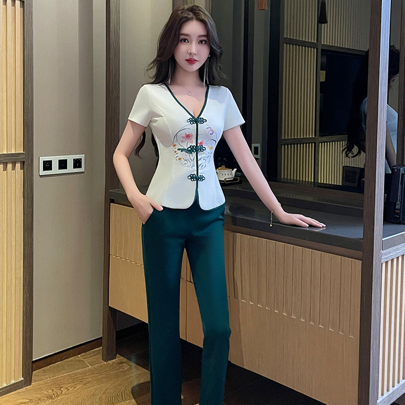 复古短袖性感技师服美容师工作服