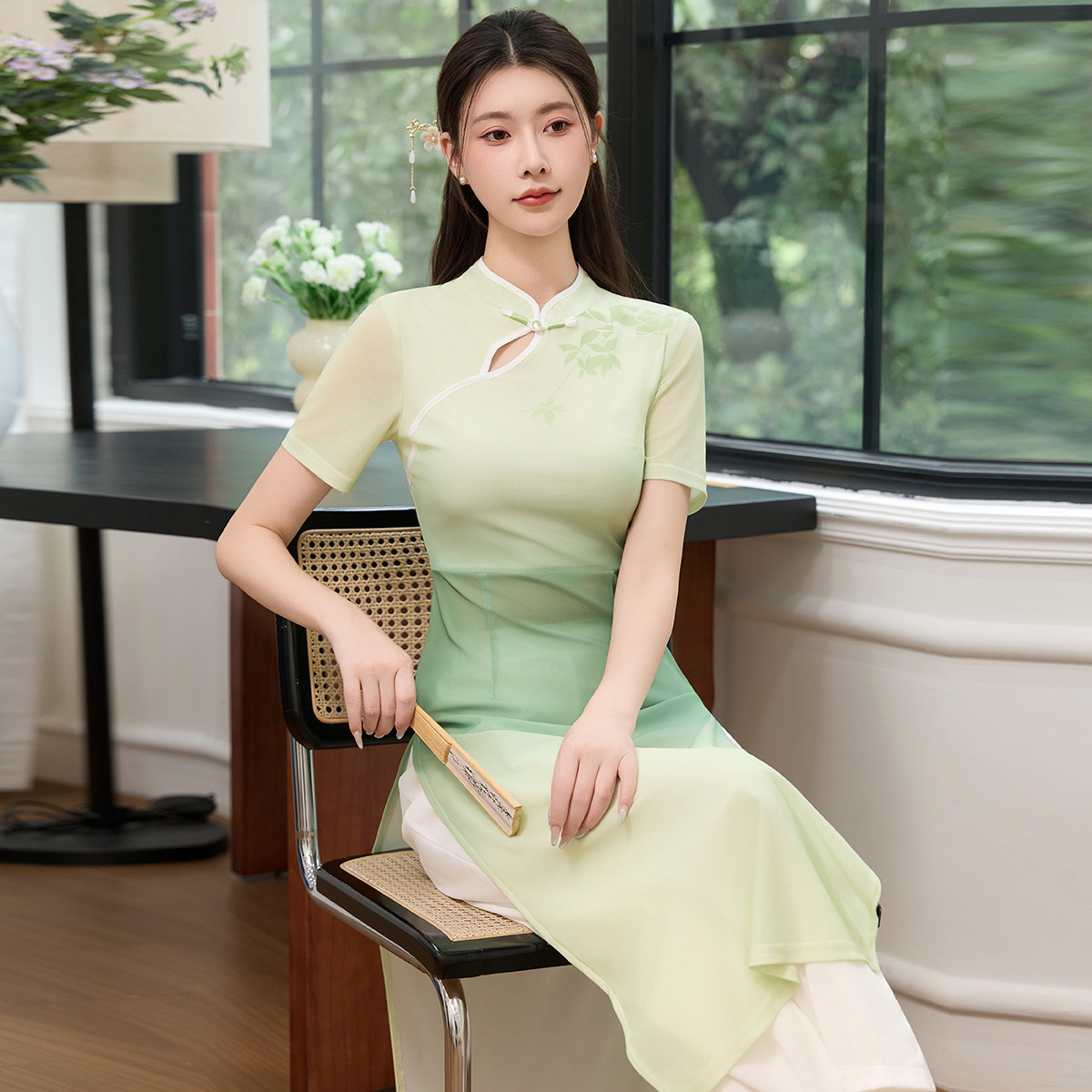 新中式风立领短袖美容院工作服女