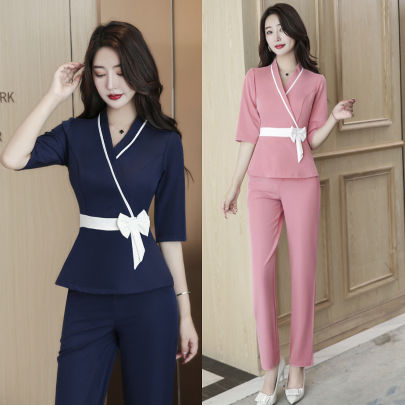美容师工作服套装女显瘦2021秋冬款spa养生足浴足疗技师衣服中袖