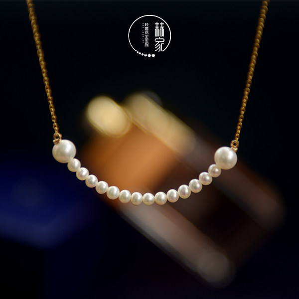 赫原创18k真金天然真珍珠t家笑脸项链平衡木锁骨链微笑好运不过敏