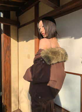 FOURFORTY HEART LOGGING JACKET焦糖棕巴恩风可拆卸毛领工装棉服