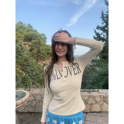 FOURFORTY 99% LOVER WAFFLE BUTTON TOP元气华夫格碎花亨利领T恤