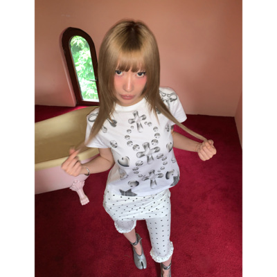 吓死香蕉萌嫩金属印花蝴蝶结T恤