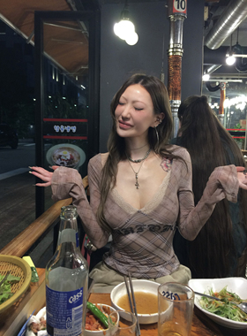 FOURFORTY EYES PLAID TOP 韩里韩气 格纹蕾丝网纱长袖打底上衣