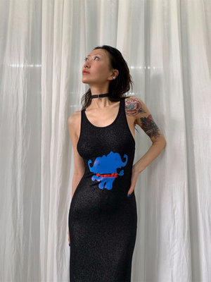 吓死香蕉小象印花闪粉吊带长裙