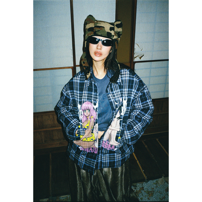 FOURFORTY呆萌街头少女 格纹衬衫棉服