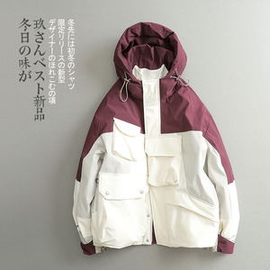 冬季日系 极简轻奢户外露营风 拼色潮款设计感 短款连帽羽绒服 男