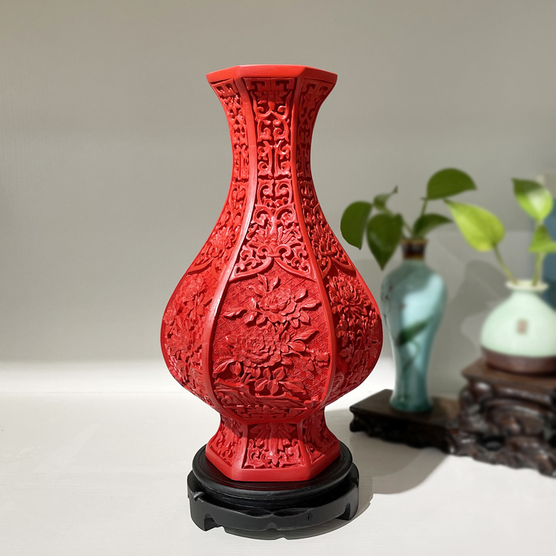 扬州漆器花瓶摆件剔红雕漆工艺品古典中式特色搬家开业送老外礼品