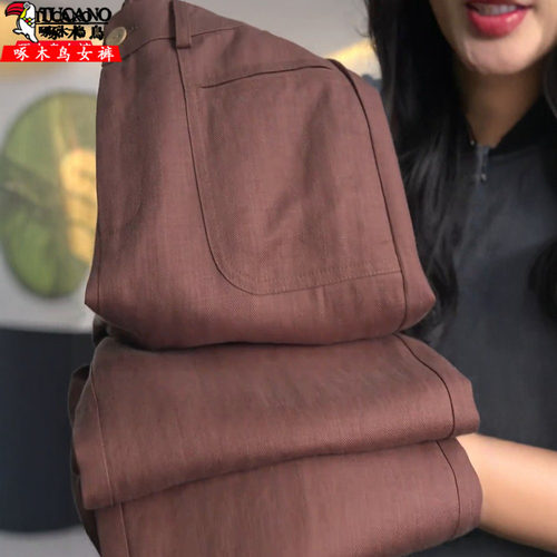 啄木鸟天丝亚麻休闲直筒拖地裤女