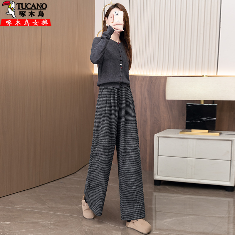 啄木鸟复古格纹高腰显瘦阔腿裤女