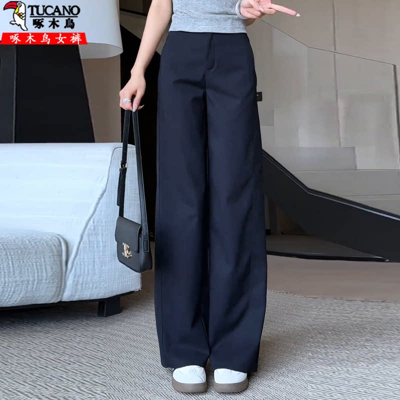 啄木鸟藏青色高腰西装裤女2026夏季大码显瘦薄款直筒休闲裤极简风