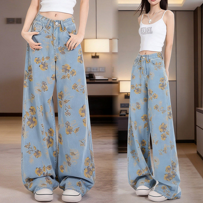 啄木鸟复古印花阔腿牛仔裤女2026春季新款爆款高腰显瘦宽松潮流裤,女装/女士精品,牛仔裤,淘宝优惠券,粉丝福利购,淘宝优惠卷