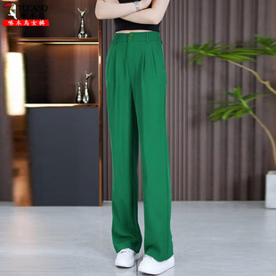 啄木鸟绿色宽松冰丝直筒裤女夏季薄款2025新款垂坠感拖地阔腿裤子