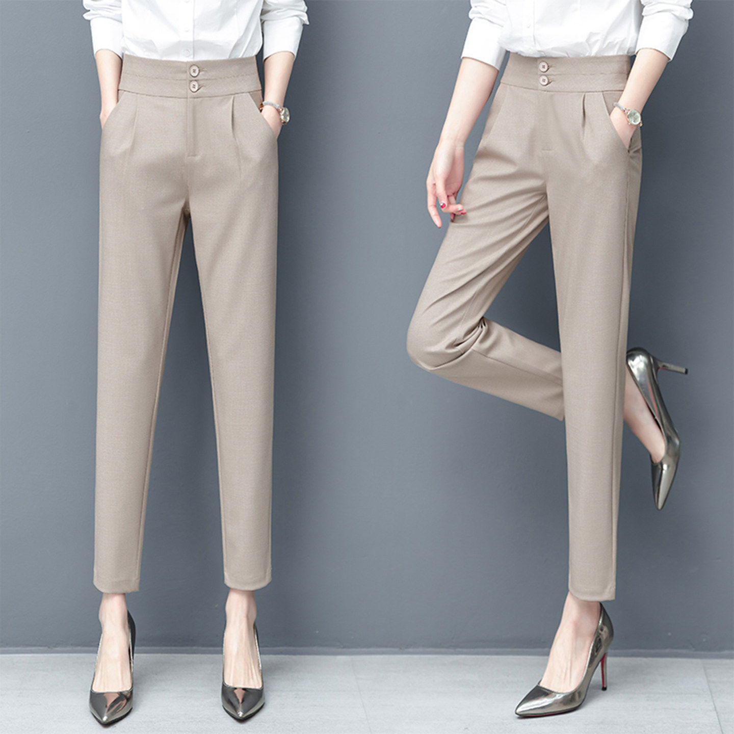 啄木鸟西装哈伦裤女2026春季新款休闲九分高腰窄版显瘦百搭烟管裤