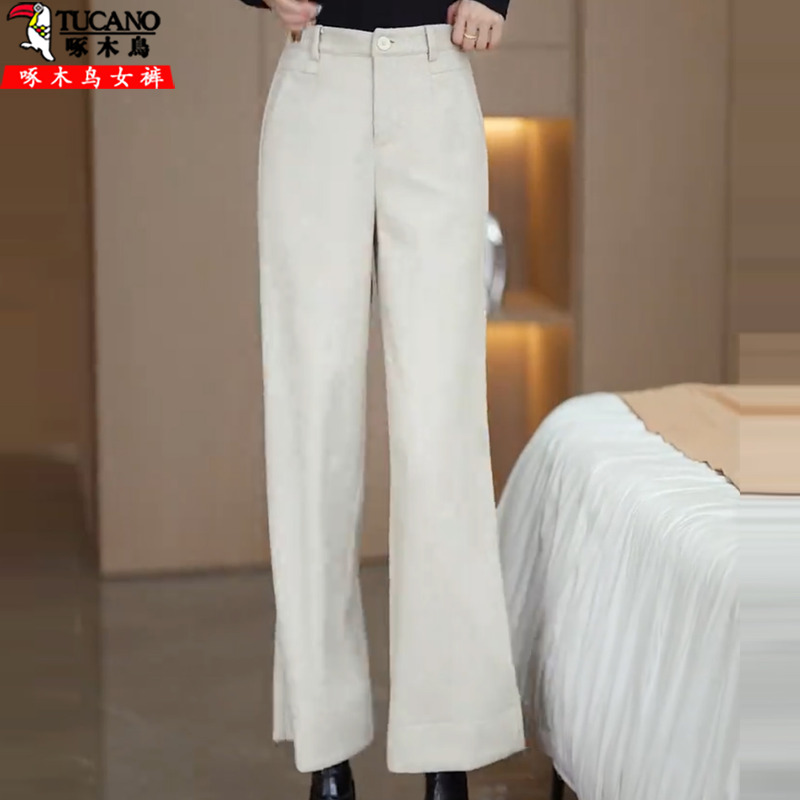 啄木鸟极简高腰显瘦毛呢阔腿裤女
