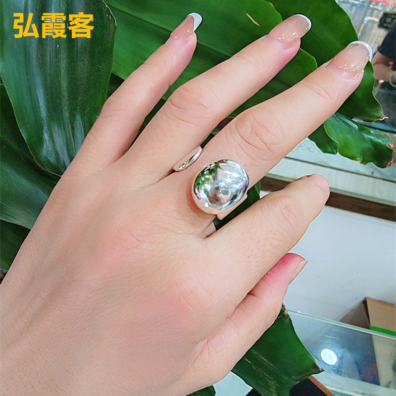 弘霞客实心戒指足银指环银环戒指开口戒指椭圆蛋面简约99纯银戒指